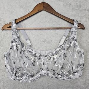 Soma 44DDD Sensuous Lace Unlined Bra Gray Black Embroidered Sheer Floral
